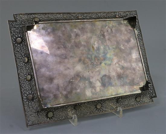 A Japanese silver, shibayama and cloisonne enamel tray, Meiji period, W. 27.5cm, small repairs